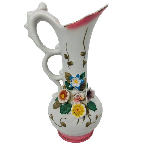Vintage Interpur R.O.C. 3D Ceramic Victorian Applied Flower Vase Pitcher Set - Picture 9 of 12